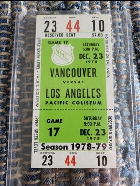 1978-79 Vancouver Canucks Vs Los Angeles Kings Hockey Whole Ticket NM/M Stub
